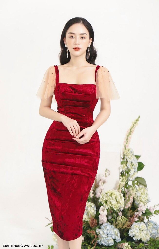 Đầm Nhung Tay Lưới Đính Ngọc Trai - D2406